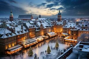 Pools steden badend in schitterend lichten uitstralen betoverend Kerstmis magie onder besneeuwd luchten foto