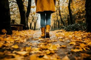 toerist dames poten in herfst gebladerte wandelen door gedaald bladeren foto