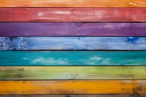 oud rustiek abstract geschilderd houten muur tafel verdieping structuur met regenboog lgbt schilderij kleuren naadloos patroon foto