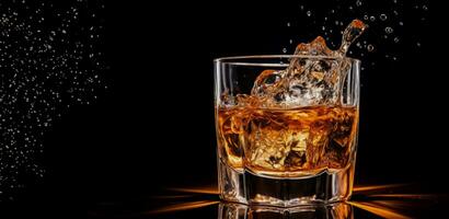 geïsoleerd Aan zwart een glas spatten whisky met ijs kubussen foto