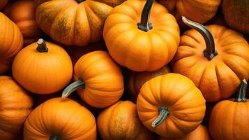 oranje pompoenen. dankzegging achtergrond. halloween achtergrond. een hoop van pompoenen. ai gegenereerd foto