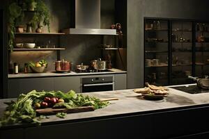 ai generatief beeld van modern keuken met groente Aan keuken tafel foto