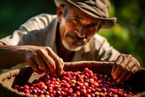 tafereel van een koffie boer handgeplukt koffie Boon ai generatief foto