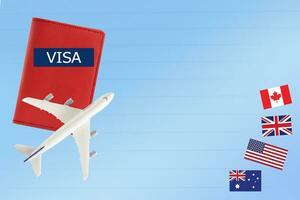 Visa en paspoort met vliegtuig en vlag voor reizen en ecucatie met kopiëren ruimte. foto