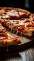 peperoni pizza Aan een houten snijdend bord ai gegenereerd foto