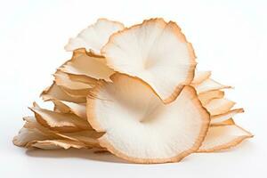 een stapel van kokosnoten chips Aan een wit achtergrond ai gegenereerd foto