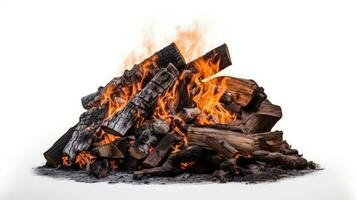 een brand pit met logboeken en vlammen Aan een wit achtergrond ai gegenereerd foto