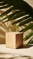 een houten kubus zittend De volgende naar een palm boom ai gegenereerd foto