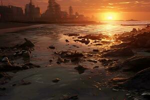 zonsondergang over- vervuild kustlijn onthult milieu schade ai generatief foto