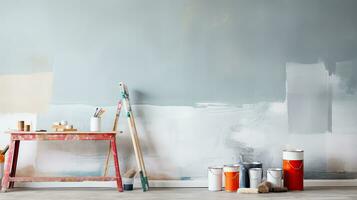 reparatie en schilderij gereedschap van muren in kamer. vernieuwing en decoratie. generatief ai foto