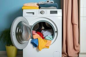 wasserij kamer interieur met het wassen machine en stapel van kleurrijk kleren. generatief ai foto