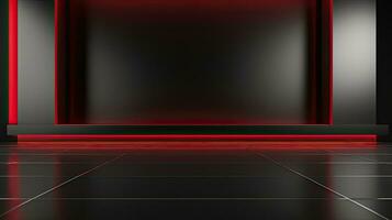 abstract donker leeg kamer met gloeiend rood neon lichten. bespotten omhoog, 3d weergave. generatief ai foto