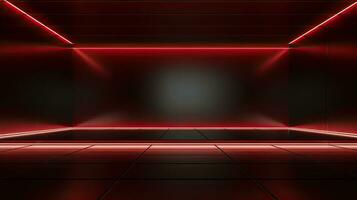 abstract donker leeg kamer met gloeiend rood neon lichten. bespotten omhoog, 3d weergave. generatief ai foto