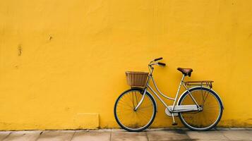 wijnoogst fiets met geel muur achtergrond - wijnoogst filter en zacht focus. generatief ai foto