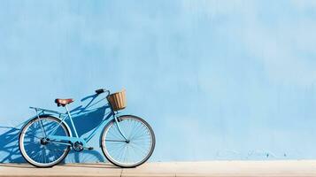 fiets Aan blauw muur met kopiëren ruimte voor uw tekst of ontwerp. generatief ai foto