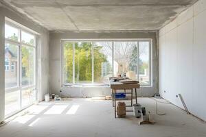 interieur van een nieuw huis onder bouw, verbouwing en renovatie. generatief ai foto