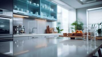 wazig modern keuken visie. Scandinavisch keuken, minimalistische ontwerp wit accenten. ideaal voor Product Scherm of ontwerp lay-outs. generatief ai foto