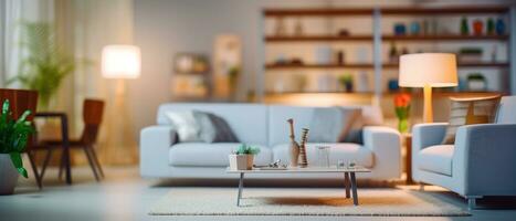 wazig modern leven kamer interieur met elegant sofa en houten lamp voor boeiend achtergronden. generatief ai foto