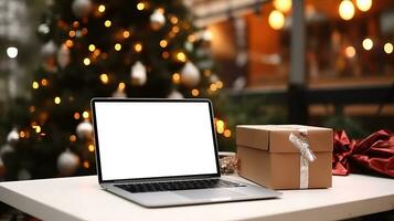 laptop Aan bureau met blanco scherm, Kerstmis boom en cadeaus in achtergrond, knipsel pad inbegrepen. feestelijk huis kantoor. generatief ai foto