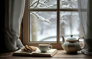 knus winter tafereel. koffie, Open boek, en plaid Aan wijnoogst vensterbank in huisje, besneeuwd landschap met sneeuwjacht buiten. generatief ai foto