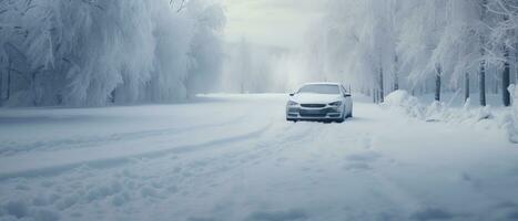 auto het rijden Aan sneeuw gedekt Woud weg in winter. generatief ai foto