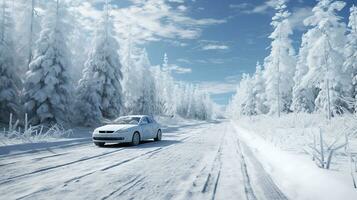 auto het rijden Aan sneeuw gedekt Woud weg in winter. generatief ai foto