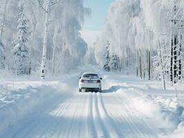 auto het rijden Aan sneeuw gedekt Woud weg in winter. generatief ai foto