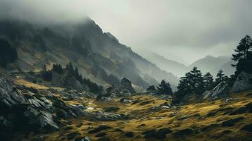 spookachtig herfst bergen gedekt in mist, creëren een mysterieus en griezelig atmosfeer. generatief ai foto