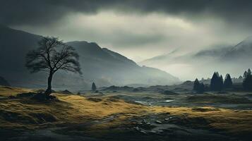 spookachtig herfst bergen gedekt in mist, creëren een mysterieus en griezelig atmosfeer. generatief ai foto