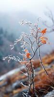 teder berg Woud briesje, besneeuwd lucht achtergrond, zwaaiend winter planten, en sereen takken in een rustig natuurlijk tafereel. generatief ai foto