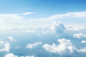 panoramisch visie van velden en wolken van een vliegtuig venster. de lucht is een helder blauw met pluizig wit wolken. generatief ai foto