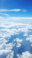 panoramisch visie van velden en wolken van een vliegtuig venster. de lucht is een helder blauw met pluizig wit wolken. generatief ai foto