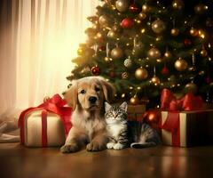 schattig gelukkig puppy en katje onder Kerstmis boom foto