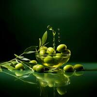 olijven en olijf- olie drijvend Aan een groen achtergrond. hoog kwaliteit ai generatief foto