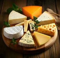 verschillend types van kaas besnoeiing in plakjes gelegd uit Aan houten bord. hoog oplossing. ai generatief foto