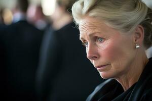 portret van een verdrietig vrouw met een begrafenis boeket van bloemen ai gegenereerd foto