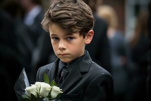 portret van een jongen in een zwart pak met een begrafenis boeket van bloemen ai gegenereerd foto