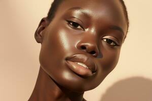 portret van een mooi Afrikaanse Amerikaans vrouw met donker huid en natuurlijk bedenken ai gegenereerd foto