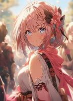ai generatief krijger anime meisje in roze en anime stijl foto