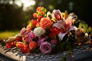 een graf met mooi bloemen Aan het. foto