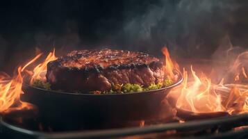 ai generatief, vlees steak rooster Aan brand afbeelding, foto