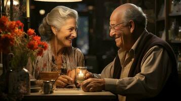 een ouderen paar in liefde, een Mens en een vrouw, zijn zittend Bij een tafel, op zoek Bij elk andere met liefde en glimlachen foto