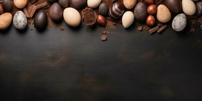vlak leggen Pasen samenstelling met gekleurde en chocola eieren. foto