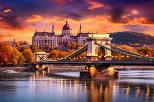 Boedapest keten brug over- Donau rivier- Bij zonsondergang, Hongarije, Boedapest met keten brug en parlement, Hongarije, ai gegenereerd foto