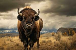 bizon in yellowstone nationaal park, Wyoming, Verenigde staten van Amerika, buffel in de wild, ai gegenereerd foto