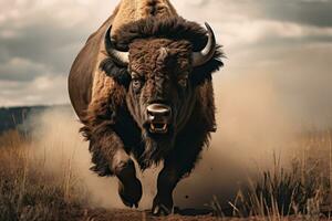 bizon rennen in de steppe. wild dier in natuur, buffel in de wild, ai gegenereerd foto