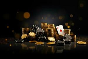 3d illustratie van casino chips en kaarten over- zwart achtergrond met bokeh effect, casino spel poker kaart spelen het gokken chips zwart en goud stijl banier backdrop achtergrond concept, ai gegenereerd foto