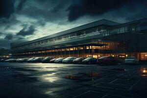 nacht visie van modern kantoor gebouw met veel auto's geparkeerd in parkeren kavel, auto park Bij de einde van de dag, ai gegenereerd foto