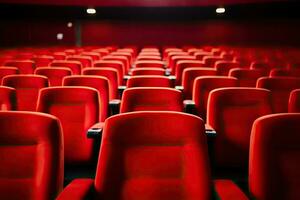leeg bioscoop auditorium met rood stoelen en lichten. 3d weergave, helder leeg rood stoelen in bioscoop rijen, ai gegenereerd foto