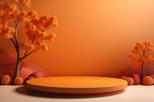 3d oranje podium met boom schaduw herfst schoonheid Product Scherm foto